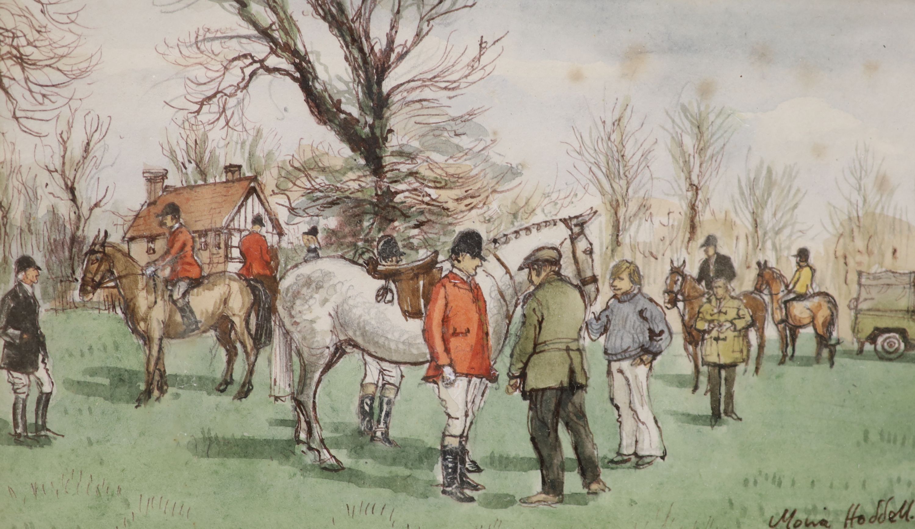 Moira Hoddell, two watercolours, 'The Meet at Offham' and 'Hunting Folk', signed, largest 10 x 17cm